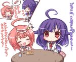  2girls ahoge closed_eyes comic eating food food_in_mouth food_on_face fork glass i-58_(kantai_collection) kantai_collection lilywhite_lilyblack multiple_girls open_mouth parted_lips pink_hair purple_hair red_eyes saucer school_uniform serafuku smile soy_sauce spoken_food sushi table taigei_(kantai_collection) translation_request 