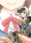  2girls :o armor blonde_hair blue_eyes blush brown_hair commentary doll_joints frame_arms_girl gennai_ao gourai head_out_of_frame head_tilt in_palm looking_at_viewer looking_to_the_side mecha_musume minigirl multiple_girls neck_ribbon oborogumo_takamitsu ribbon school_uniform short_hair sitting smile solo_focus 