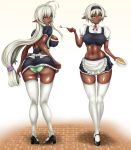  2girls antenna_hair apron ass blush breasts curvy dark_elf dark_skin elf food full_body green_panties highres large_breasts long_hair looking_at_viewer looking_back maid_apron maid_headdress multiple_girls nisei_muramasa open_mouth orange_eyes panties pointy_ears sansei_muramasa soukou_akki_muramasa standing tama_(tamakaka1031) thigh-highs underwear very_long_hair white_hair white_legwear wide_hips 