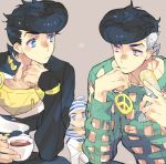  3boys anchor_symbol black_hair blue_eyes cellphone chin_rest cup dixie_cup_hat drink earrings gakuran hat heart higashikata_jousuke higashikata_jousuke_(jojolion) jewelry jojo_no_kimyou_na_bouken jojolion kuujou_josefumi male_focus military_hat multicolored_hair multiple_boys peace_symbol phone pompadour sailor school_uniform star steam stud_earrings toujou_sakana two-tone_hair violet_eyes white_hair 