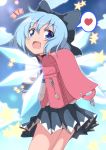  /\/\/\ 1girl adapted_costume alternate_costume backpack bag blue_eyes blue_hair blush bow cirno clouds cowboy_shot daiyousei do_(4-rt) fang from_behind hair_bow happy heart highres ice ice_wings keychain looking_at_viewer looking_back open_mouth pleated_skirt randoseru school_uniform serafuku short_hair skirt sky smile spoken_heart star touhou wings 
