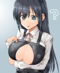  1girl ? alternate_breast_size aqua_eyes asashio_(kantai_collection) black_hair breasts cleavage gradient gradient_background kantai_collection kuronaga large_breasts long_hair open_mouth remodel_(kantai_collection) solo torn_clothes upper_body 