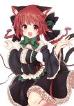 1girl alternate_costume animal_ears bare_shoulders black_bow black_skirt bow bowtie braid cat_ears cat_tail collar corset detached_sleeves frilled_skirt frills green_bow green_bowtie hair_bow highres kaenbyou_rin long_hair looking_at_viewer open_mouth red_eyes redhead simple_background skirt smile solo tail topia touhou twin_braids white_background wide_sleeves 