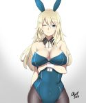  1girl ;) adapted_costume animal_ears atago_(kantai_collection) bare_arms bare_shoulders black_legwear blonde_hair blue_eyes blush breast_hold breasts bunnysuit cleavage cowboy_shot detached_collar fake_animal_ears hair_between_eyes highres kantai_collection large_breasts long_hair looking_at_viewer one_eye_closed pantyhose rabbit_ears smile solo taka_(vert_320) wrist_cuffs 