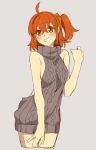 1girl blush dress embarrassed fate/grand_order fate_(series) female female_only fujimaru_ritsuka_(female) hair hair_between_eyes hair_ornament hair_scrunchie highres meme_attire nagiko_(mangalove1111) no_bra orange_eyelashes orange_hair scrunchie short_hair side_ponytail sweater sweater_dress thighs type-moon virgin_killer_sweater yellow_eyes