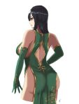  1girl ass back bare_shoulders black_hair breasts cowboy_shot dress elbow_gloves from_behind gloves green_dress green_gloves highres large_breasts long_hair looking_away original parted_lips pelvic_curtain profile red_eyes solo taka_(vert_320) 