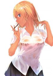  1girl black_skirt blonde_hair blush closed_mouth cowboy_shot dress_shirt eating food_in_mouth grey_background gyaru hair_between_eyes hand_in_hair hands_up highres mole mole_under_eye original pleated_skirt profile ryokucha_(i_cobalt) school_uniform see-through shirt short_sleeves simple_background skirt solo tan wet wet_clothes white_shirt 