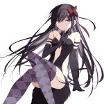  10s 1girl absurdres akemi_homura akuma_homura bare_shoulders black_hair breasts elbow_gloves gloves hair_ribbon highres long_hair mahou_shoujo_madoka_magica mahou_shoujo_madoka_magica_movie misteor navel ribbon small_breasts smirk solo thigh-highs thighs violet_eyes white_background 