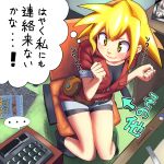  1girl aero bike_shorts blonde_hair blush bodysuit breasts cleavage from_above green_eyes keyboard knees_together_feet_apart long_hair nervous pencil photo_(object) red_shorts rockman rockman_dash rog_rockbe roll_caskett shorts sitting smile solo sweatdrop v 