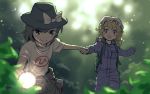  2girls backlighting backpack bag black_hat blonde_hair blue_jumpsuit bow brown_hair cowboy_shot flashlight forest frilled_hat frills hand_holding hat hat_bow jumpsuit long_sleeves looking_at_viewer maribel_hearn meitei mob_cap multiple_girls nature shirt short_hair short_sleeves smile touhou usami_renko white_bow white_hat white_shirt 