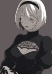  1girl black_dress black_hairband breasts closed_eyes closed_mouth dark_background dress grey_background hairband highres juliet_sleeves long_sleeves mole mole_under_mouth nier_(series) nier_automata puffy_sleeves ribbed_dress saibe short_hair solo turtleneck upper_body white_hair yorha_no._2_type_b 