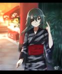  &gt;:) 1girl alternate_costume blurry blush closed_mouth cowboy_shot depth_of_field eyepatch green_eyes green_hair hair_between_eyes highres japanese_clothes kantai_collection kimono kiso_(kantai_collection) long_hair long_sleeves looking_at_viewer obi one_eye_covered remodel_(kantai_collection) sash smile solo taka_(vert_320) wide_sleeves 