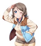  1girl arm_up blue_eyes brown_hair collarbone cowboy_shot grey_shorts grin hair_ornament hair_scrunchie hand_in_pocket jacket leaning_forward long_hair looking_at_viewer love_live! love_live!_school_idol_project love_live!_sunshine!! one_eye_closed open_clothes open_jacket salute scrunchie short_shorts shorts sleeveless_jacket smile solo standing sweater watanabe_you 