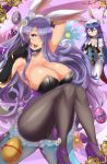  2girls :d anger_vein angry animal_ears armpits bare_shoulders black_gloves black_legwear blue_eyes blush breast_envy breasts bunny_girl bunny_tail bunnysuit camilla_(fire_emblem_if) cleavage curvy detached_collar easter easter_egg egg fake_animal_ears fire_emblem fire_emblem:_kakusei fire_emblem_heroes fire_emblem_if flat_chest gloves hands_on_own_chest high_heels highres huge_breasts legs lips long_hair looking_at_viewer lucina magister_(medical_whiskey) multiple_girls open_mouth pantyhose purple_hair rabbit_ears sitting smile standing tail teeth thighs very_long_hair 
