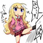  1girl blonde_hair blue_eyes commentary_request gabriel_dropout hands_in_pockets hood hoodie kanikama kicking kneehighs long_hair lowres plaid plaid_skirt school_uniform simple_background skirt solo tenma_gabriel_white translation_request very_long_hair white_background 