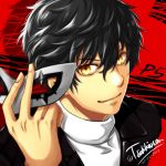  1boy black_hair dated highres kurusu_akira looking_at_viewer male_focus mask mask_removed persona persona_5 school_uniform smile solo tsukky twitter_username upper_body yellow_eyes 