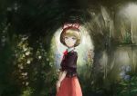  1girl absurdres blonde_hair blue_eyes flower hair_ribbon highres jiliang_ji_ying joints looking_at_viewer looking_to_the_side medicine_melancholy nature own_hands_together puffy_short_sleeves puffy_sleeves red_ribbon ribbon short_hair short_sleeves skirt smile solo standing touhou 