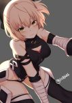  1girl arm_strap artist_name assassin_of_black assassin_of_black_(cosplay) bandaged_arm bare_shoulders bent_over black_legwear black_panties bow breasts cosplay dutch_angle eyebrows_visible_through_hair fate/apocrypha fate_(series) gloves grey_background groin hair_bow highres hips koha-ace lio_(rumei2265874644) looking_at_viewer medium_breasts panties pink_hair sakura_saber simple_background solo thigh-highs thighs twitter_username underwear yellow_eyes 