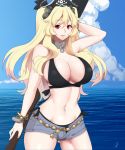  1girl anne_bonny_(fate/grand_order) arm_behind_head bikini bikini_under_clothes black_bikini black_ribbon blonde_hair blue_sky blush bracelet breasts cleavage clouds cloudy_sky collar cowboy_shot curvy day fate/grand_order fate_(series) groin gun hair_between_eyes hair_ribbon hat highres holding holding_gun holding_weapon jewelry large_breasts long_hair looking_at_viewer navel ocean parted_lips pirate_hat red_eyes ribbon rifle short_shorts shorts sideboob sky smile solo stomach swimsuit taka_(vert_320) weapon 