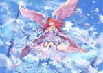  1girl :d angel angel_wings armband armpit_peek bangs bare_shoulders beige_wings blue_boots blue_eyes blue_flower blue_ribbon boots braid breasts cleavage clouds cloudy_sky collarbone crown_braid day dress elbow_gloves feathered_wings floating_hair flower flying full_body fuuro_(johnsonwade) gem gloves glowing hair_between_eyes hair_flower hair_ornament harp holding_instrument instrument jewelry long_hair looking_at_viewer musical_note open_mouth original outdoors pendant pink_ribbon quaver quaver_rest redhead ribbon sky smile solo spire strapless strapless_dress thigh-highs tower white_dress white_gloves white_legwear wings 