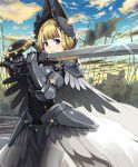  1girl armor armored_dress army artist_request banner blonde_hair blue_eyes breastplate clouds cloudy_sky full_armor gauntlets helmet luminous_knight official_art polearm shadowverse shoulder_armor sky spear sword two-handed_sword weapon 