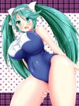  1girl arms_behind_back artist_request blush breasts covered_navel cowboy_shot curvy green_eyes green_hair highres huge_breasts isuzu_(kantai_collection) kantai_collection legs long_hair looking_at_viewer looking_down navel one-piece_swimsuit open_mouth school_swimsuit shiny shiny_clothes shiny_hair shiny_skin solo swimsuit torano_ko twintails wide_hips 