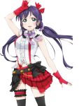  1girl arm_up black_bow black_legwear bokura_wa_ima_no_naka_de bow earrings fingerless_gloves floating_hair gloves green_eyes hair_ribbon jewelry long_hair looking_at_viewer love_live! love_live!_school_idol_project navel neck_ribbon purple_hair purple_ribbon red_gloves red_ribbon ribbon shirt sleeveless sleeveless_shirt smile solo standing thigh-highs thigh_strap toujou_nozomi transparent_background twintails very_long_hair white_shirt 