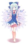  1girl bare_legs barefoot black_dress bloomers blue_bow blue_dress blue_eyes blue_hair bow cirno dress frills full_body hair_between_eyes hair_bow ice ice_wings looking_at_viewer mimureem puffy_short_sleeves puffy_sleeves red_ribbon ribbon shirt short_dress short_hair short_sleeves sleeveless sleeveless_dress snowflake_background solo tareme touhou underwear white_shirt wing_collar wings 