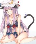  1girl animal_ears bangs bare_arms bare_legs black_bra black_panties blue_bow bow bow_panties bra breasts cat_ears cat_tail cleavage crescent crescent_hair_ornament frilled_bra frilled_panties frills hair_bow hair_ornament hat highres kemonomimi_mode large_breasts leaning_forward long_hair looking_at_viewer mob_cap panties patchouli_knowledge purple_hair red_bow rinarisa simple_background sitting solo tail touhou underwear underwear_only very_long_hair violet_eyes wariza white_background 