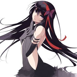  10s 1girl absurdres akemi_homura akuma_homura bare_shoulders black_hair cowboy_shot fingers_to_chin hair_ribbon hand_on_own_chest highres looking_at_viewer mahou_shoujo_madoka_magica mahou_shoujo_madoka_magica_movie misteor ribbon side_slit solo violet_eyes white_background 