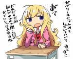  1girl blonde_hair commentary_request desk gabriel_dropout kanikama messy_hair open_mouth school_desk school_uniform simple_background sitting solo table tenma_gabriel_white translated white_background 