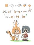  2girls :d animal_ears black_eyes black_hair black_legwear blonde_hair elbow_gloves gloves holding holding_pencil kaban kemono_friends moru_(monaka) multiple_girls neck_ribbon open_mouth origami pantyhose pencil red_shirt ribbon seiza serval_(kemono_friends) serval_ears serval_print serval_tail shirt short_hair short_sleeves shorts sitting sleeveless smile tail white_background yellow_eyes 