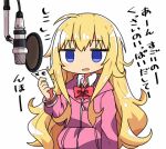  1girl blonde_hair blue_eyes bow bowtie commentary_request empty_eyes gabriel_dropout hood hoodie jitome kanikama long_hair lowres microphone pink_clothes recording_studio red_bow red_bowtie school_uniform simple_background solo studio_microphone tenma_gabriel_white translated very_long_hair white_background 