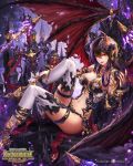  1girl armor bangs black_wings boobplate breasts brown_hair cleavage demon_girl demon_horns demon_wings earrings fingernails hair_between_eyes high_heels horns jewelry knee_up knife large_breasts long_fingernails long_hair medium_breasts midriff nail_polish navel pauldrons planted_sword planted_weapon pointy_ears ragnabreak red_eyes red_nails revealing_clothes sharp_fingernails sheath sheathed sitting solo sword thigh-highs thigh_strap wanke weapon white_legwear wings 