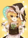  1girl :d apron black_bow black_hat black_skirt black_vest blonde_hair bow bowtie braid collared_shirt eyebrows_visible_through_hair frilled_hat frills green_bow green_bowtie hair_bow hair_ribbon hand_on_headwear hat hat_bow highres kirisame_marisa looking_at_viewer open_mouth puffy_short_sleeves puffy_sleeves ribbon shirt short_sleeves shoudoku_taishi_(taishi) side_braid single_braid skirt smile solo star star_print starry_background touhou tress_ribbon upper_body vest waist_apron white_apron white_bow white_shirt witch_hat wrist_cuffs yellow_background 