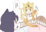  african_wild_dog_(kemono_friends) animal_ears bear_ears brown_bear_(kemono_friends) crib elbow_gloves gloves golden_snub-nosed_monkey_(kemono_friends) kemono_friends long_hair monkey_ears multiple_girls naka_akira orange_hair pacifier ponytail rattle sparkling_eyes translation_request 