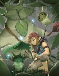  1boy alternate_costume bandanna blonde_hair blue_eyes character_request commentary earrings fingerless_gloves forest gloves jewelry korok link mike_nesbitt nature one_knee over_shoulder pointy_ears rain shield shirtless sword sword_over_shoulder the_legend_of_zelda the_legend_of_zelda:_breath_of_the_wild weapon weapon_over_shoulder 