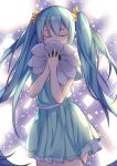  1girl aqua_eyes blush closed_eyes cowboy_shot flower hatsune_miku highres long_hair pekakiu sketch solo tearing_up twintails vocaloid 