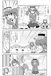  2girls clenched_teeth closed_eyes comic crossed_arms emphasis_lines fang hands_on_hips highres japanese_clothes jun&#039;you_(kantai_collection) kantai_collection kariginu magatama monochrome motomiya_ryou mountain multiple_girls ocean open_mouth pleated_skirt ryuujou_(kantai_collection) skirt smile sweatdrop teeth translation_request trembling twintails visor_cap 
