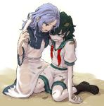  2girls black_hair blue_eyes blue_hair boots brown_boots capelet commentary_request dress dripping green_eyes hair_over_one_eye hood hood_down kesa kumoi_ichirin leaf meitei multiple_girls murasa_minamitsu neckerchief one_eye_covered pale_skin puffy_short_sleeves puffy_sleeves red_neckerchief shirt short_sleeves shorts sitting touhou wariza wet wet_clothes white_dress white_shirt white_shorts wide_sleeves 