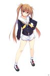  1girl brown_hair full_body hand_on_hip island_(game) kurutsu_karen kuuchuu_yousai long_hair long_sleeves looking_at_viewer official_art shoes short_hair simple_background smile sneakers solo twintails violet_eyes white_background 
