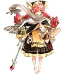  1girl barefoot basket braid carrying cat full_body hair_over_one_eye hair_ribbon holding holding_wand long_hair looking_at_viewer low-tied_long_hair mikusa official_art pink_hair ribbon scarf simple_background solo twin_braids wand white_background wind wind_lift wonderland_wars 