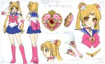  1girl :d alternate_eye_color artist_name bishoujo_senshi_sailor_moon blonde_hair blue_sailor_collar blue_skirt boots bow brooch brown_eyes character_name character_sheet closed_mouth double_bun earrings elbow_gloves full_body gloves hair_ornament hairpin jewelry knee_boots long_hair looking_at_viewer magical_girl moon_stick multiple_persona multiple_views open_mouth pleated_skirt pretty_guardian_sailor_moon profile red_boots red_bow red_choker sailor_moon shirataki_kaiseki skirt smile standing tiara tsukino_usagi twintails white_background white_gloves 