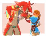  2boys abs blonde_hair commentary_request fangs fingerless_gloves gloves highres link looking_at_another male_focus meipu_hm monster_boy multiple_boys pointy_ears sidon smile sword teeth the_legend_of_zelda the_legend_of_zelda:_breath_of_the_wild weapon yellow_eyes zora 