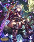  1girl ahoge armor armored_boots bangs boots branch breasts butterfly cape closed_mouth dragon dress elf flower gauntlets greaves green_eyes hair_between_eyes holding holding_sword holding_weapon in_tree knee_pads leaf lips long_hair looking_at_viewer medium_breasts pauldrons pointy_ears purple_boots purple_dress purple_hair ragnabreak short_dress sitting sitting_in_tree solo sword thigh_strap tree tree_branch wanke weapon 