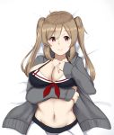  1girl adapted_costume ahoge black_bikini_top blush breast_hold breasts brown_hair cardigan cleavage closed_mouth collarbone groin hair_between_eyes kantai_collection large_breasts long_sleeves looking_at_viewer lying murasame_(kantai_collection) navel on_back open_cardigan open_clothes pink_eyes smile solo stomach taka_(vert_320) two_side_up 