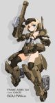  1girl armor bare_shoulders black_gloves black_legwear blonde_hair blue_eyes blush character_name closed_mouth commentary_request elbow_gloves eyebrows_visible_through_hair frame_arms_girl full_body gloves gourai grey_background gun headgear highres holding holding_gun holding_weapon karukan_(monjya) looking_at_viewer mecha_musume panties short_hair shoulder_cannon simple_background skirt solo striped striped_panties text thigh-highs underwear weapon 