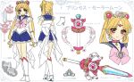  1girl alternate_eye_color artist_name bishoujo_senshi_sailor_moon blonde_hair blue_sailor_collar blue_skirt boots bow brooch brown_eyes character_name character_sheet earrings hair_ornament hairpin jewelry knee_boots long_hair looking_at_viewer magical_girl multiple_persona multiple_views pink_bow pretty_guardian_sailor_moon princess_sailor_moon princess_sword red_choker sailor_moon shirataki_kaiseki skirt smile standing tsukino_usagi twintails white_background white_boots white_bow 