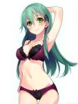  1girl :&gt; aqua_hair arm_up armpits blush bow bow_panties bra breasts cowboy_shot green_eyes hair_ornament hairclip hand_behind_head kantai_collection long_hair looking_at_viewer navel panties purple_bra remodel_(kantai_collection) shirokitsune simple_background smile solo suzuya_(kantai_collection) underwear underwear_only violet_eyes white_background 