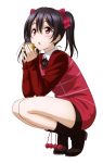  1girl black_hair black_ribbon black_shorts bow full_body hair_bow highres holding long_hair love_live! love_live!_school_idol_project neck_ribbon open_mouth red_bow red_eyes red_sweater ribbon short_shorts shorts solo squatting transparent_background twintails yazawa_nico 